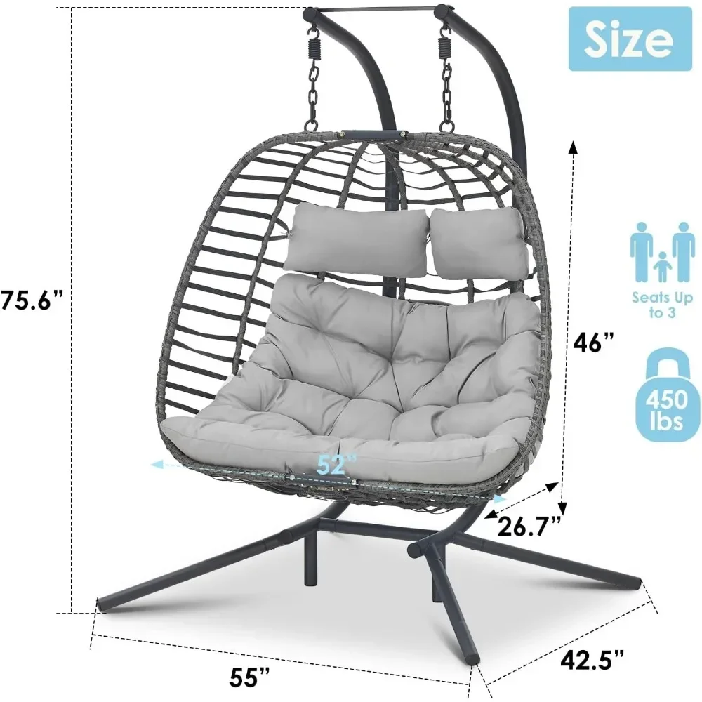 Double Swing Egg Chair With Stand,Chair For 2 People,Porch Loveseat With Thick Cushion And Sturdy Steel Stand For Indoor Outdoor