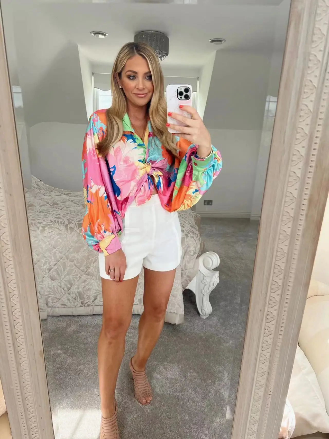 Faionable Printed Lantern Sve Women's irt Versatile Floral Design Commute Sle V-Ne Tie-Detail Loose Fit Polyester