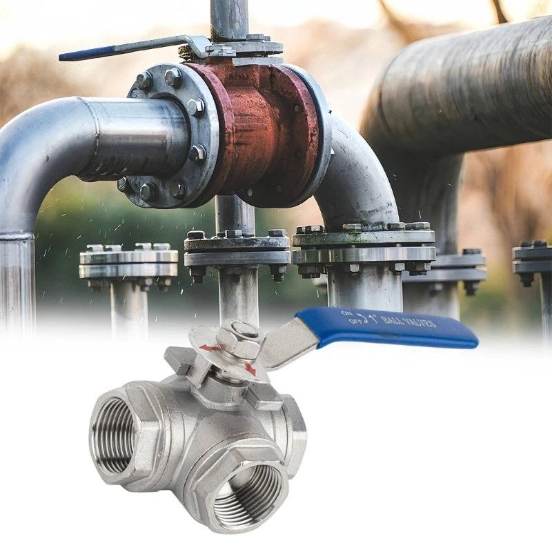 Stainless Steel 3 Way Ball Valves, Female Threaded Three Port Pipe Fitting with Manual Turn Control for Plumbing Work M4YD