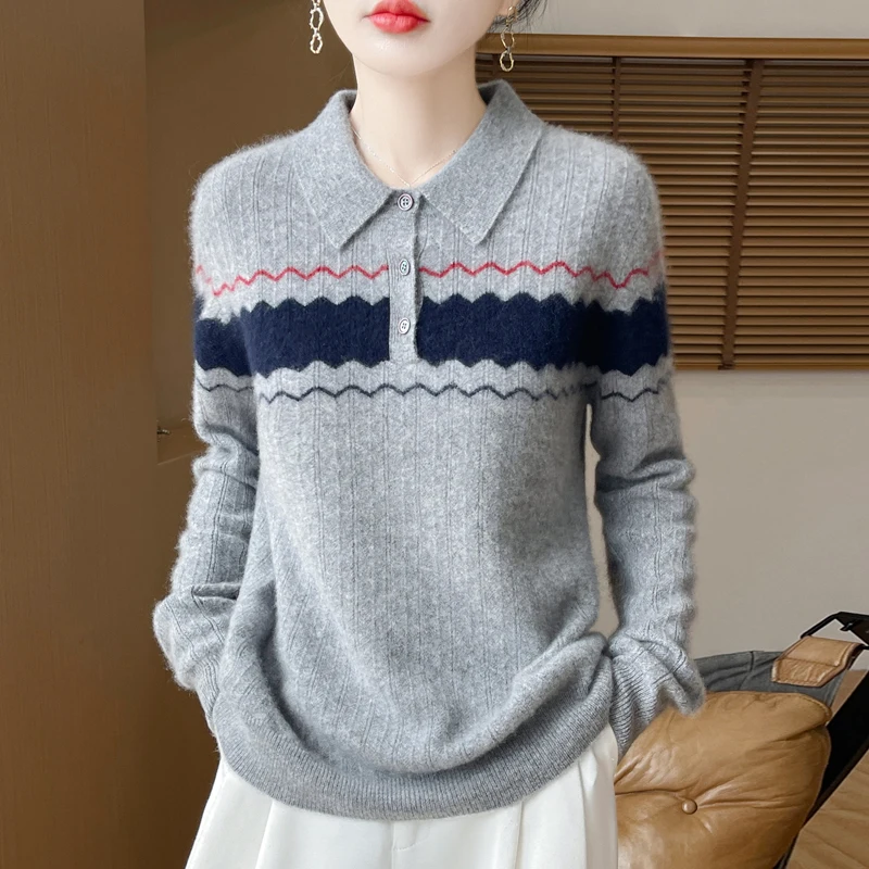 BELIARST 100% zuivere wol preppy stijl contrasterende kleur gebreide damespolokraag trui voor herfst en winter nieuw shirt