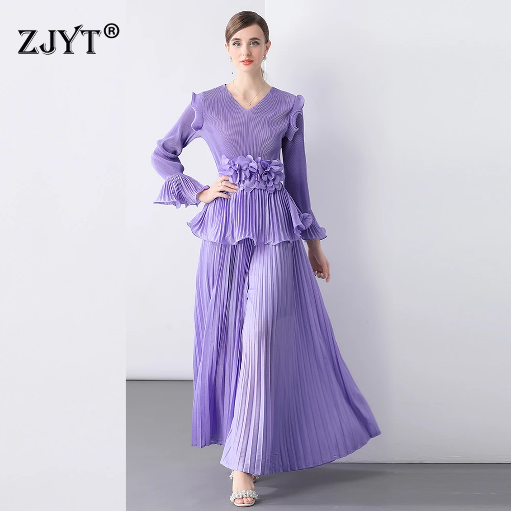 

ZJYT Spring New Elegant Pleated Long Sleeve Top and Wide Leg Pants Suit 2 Piece Set Womens Outfit Purple Orange African Party