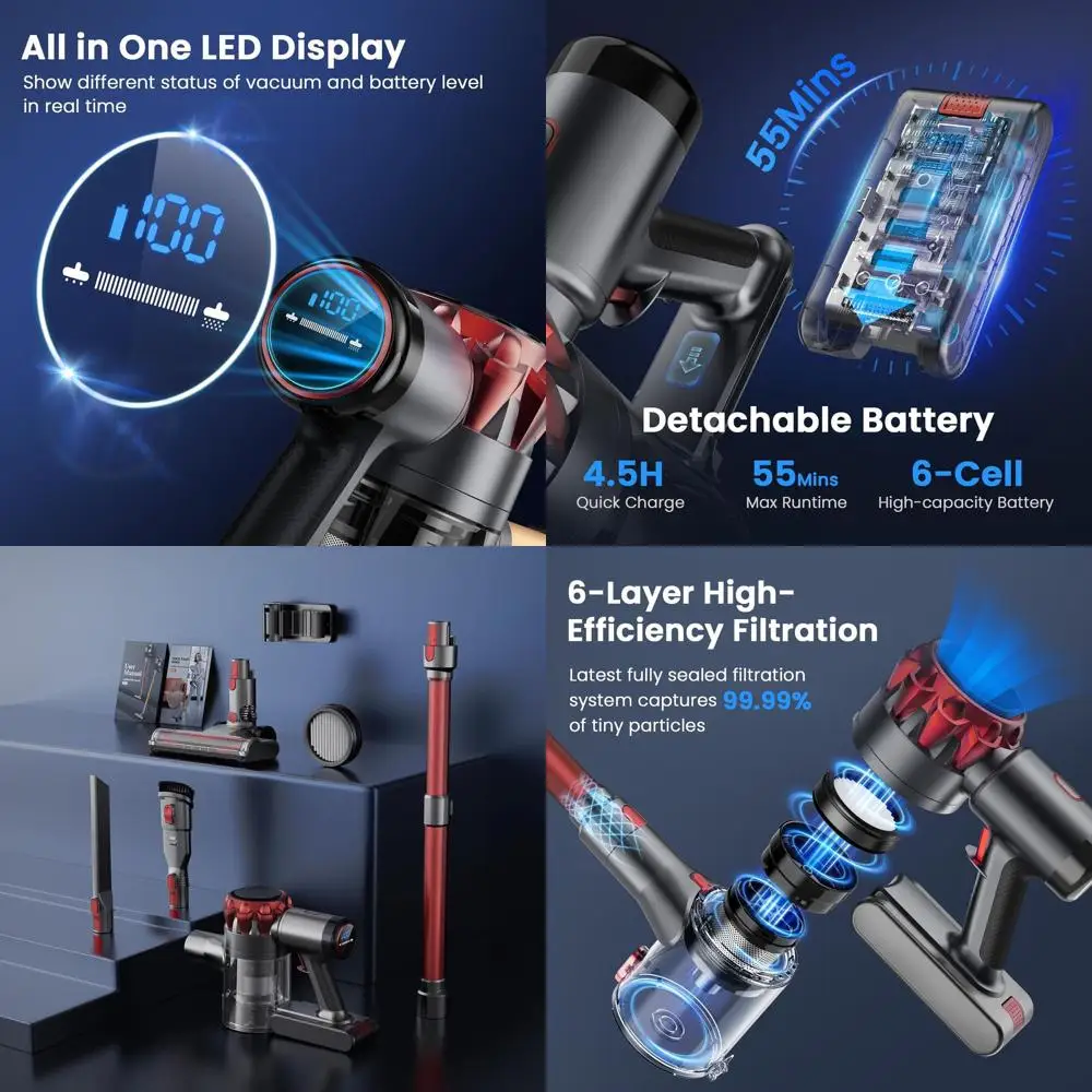 

Мощный беспроводной пылесос 45 кПа, время работы 55 минут, светодиодный дисплей, идеально подходит для дома, шерсти домашних животных и всех типов пола.