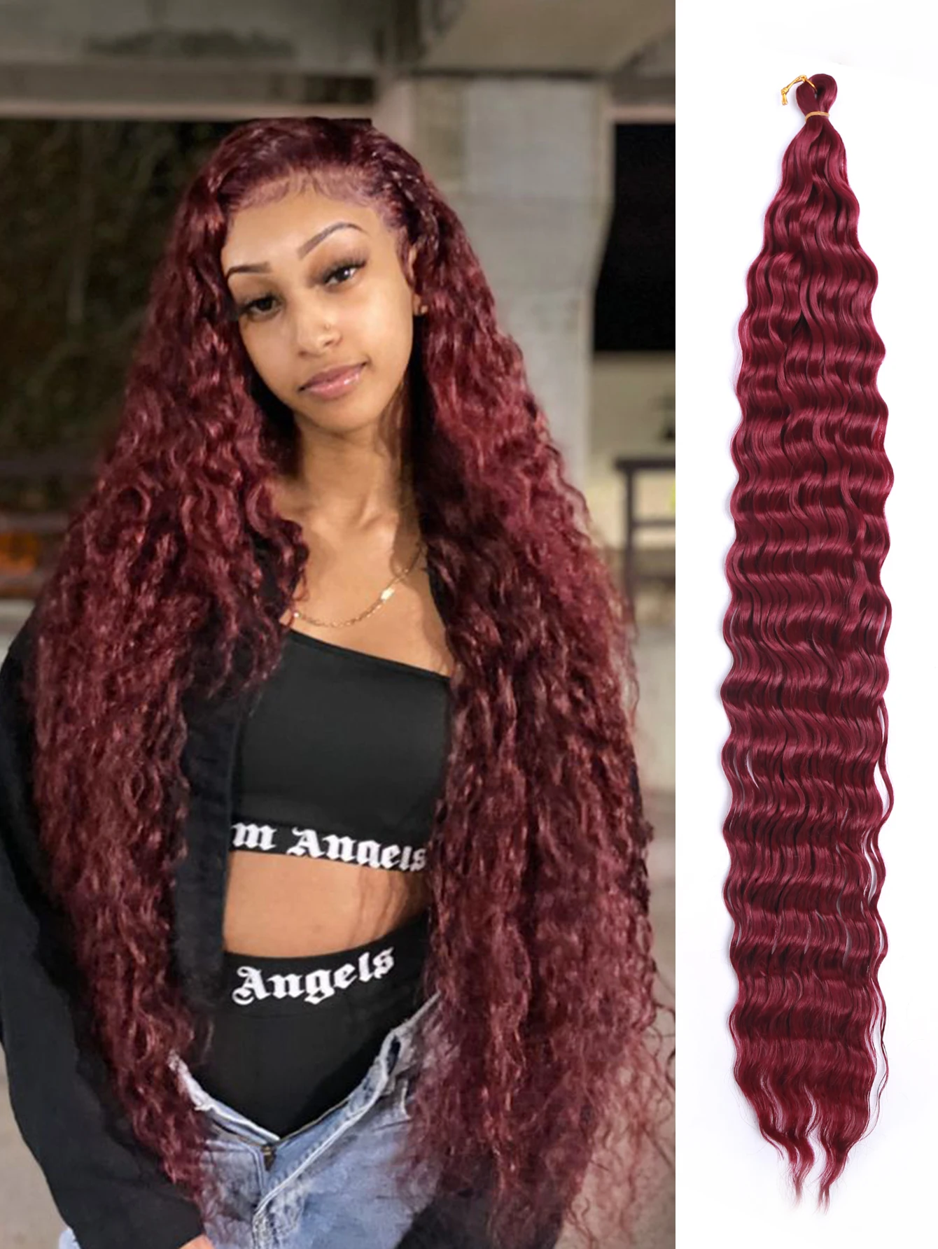 Wine Red Deep Water Wave Long Hair Wig 30 Inch Crochet Braids Hair Women's Wig  Suitable For Holiday Travel Cosplay