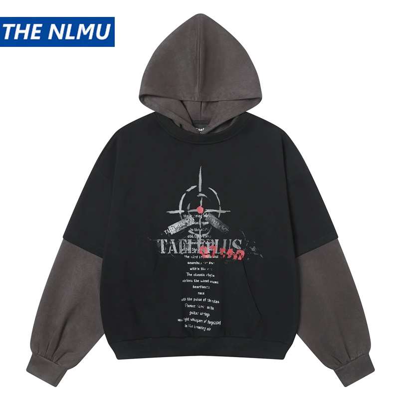 Hip Hop Fake Two Hooded Sweatshirts Hoodies Men 2025 Y2K Letter Graphic Streetwear Men Harajuku Pullover Unisex Clothing