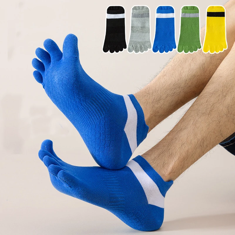 5 Pairs Sport Ankle Socks Toe Man Cotton Massage Feet Damping Striped Bike Outdoor Travel Fitness Invisible Toe Socks 4 Seasons