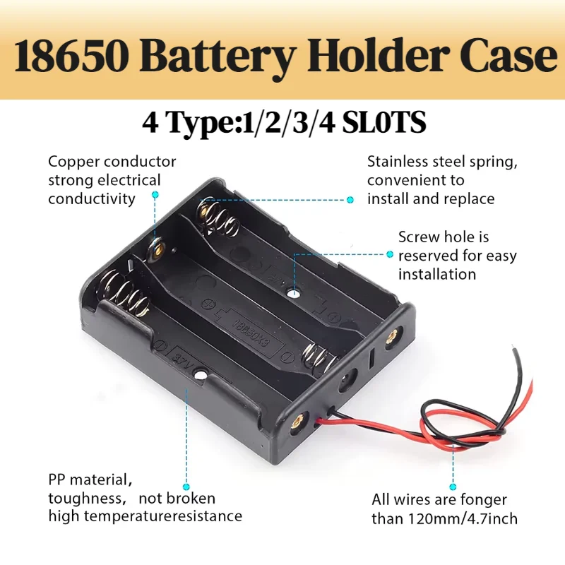 3pcs 18650 Battery Holder Box 1 Slot 3.7V Battery Storage Case 1/2/3/4 Cell Plastic Container with Connect Black Red Wires