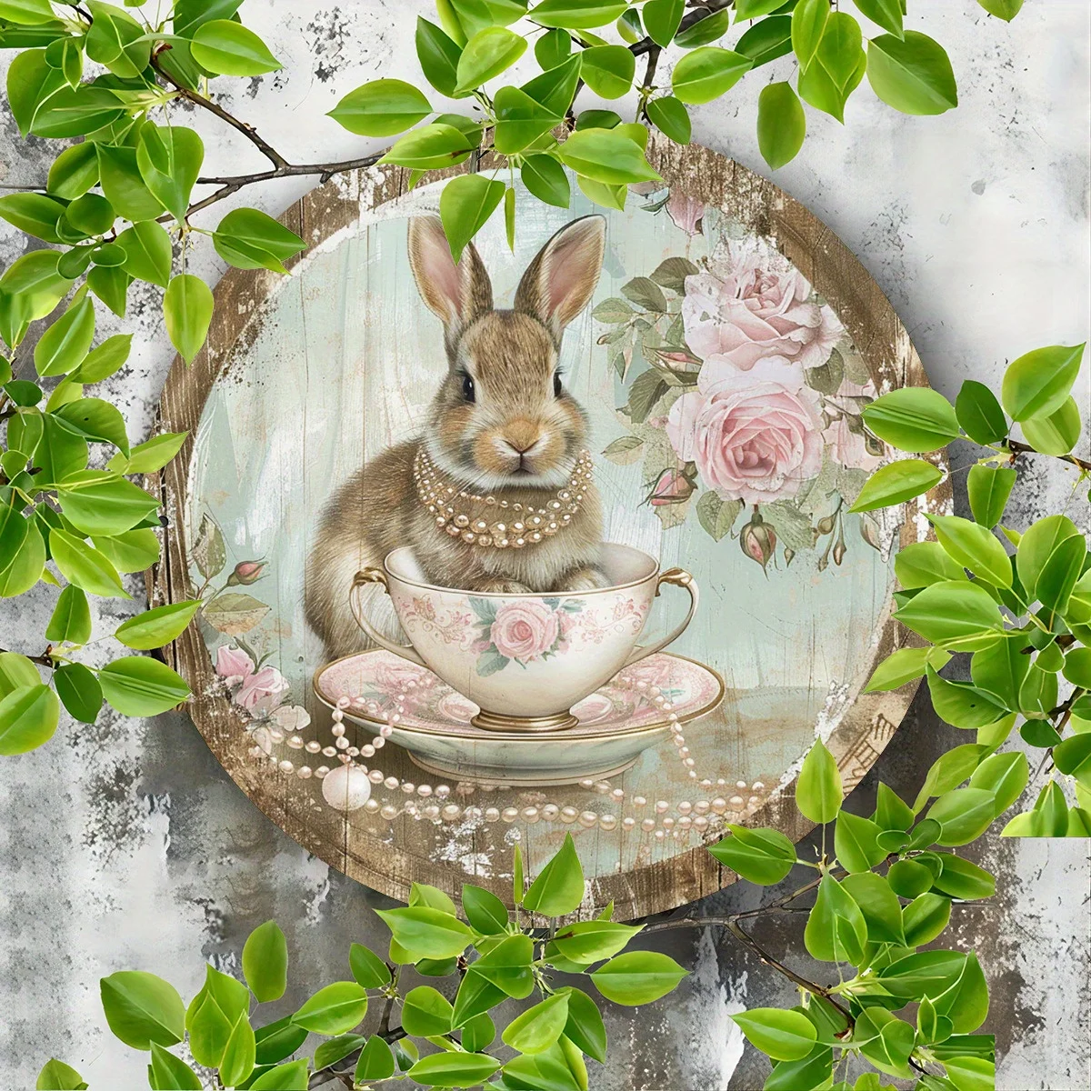 Vintage-Wandkunst aus Kaninchen und Teetasse aus Metall – skurriles Aluminiumschild mit Perlenkette und Blumenmuster, 20,3 x 20,3 cm, rund, rostfrei