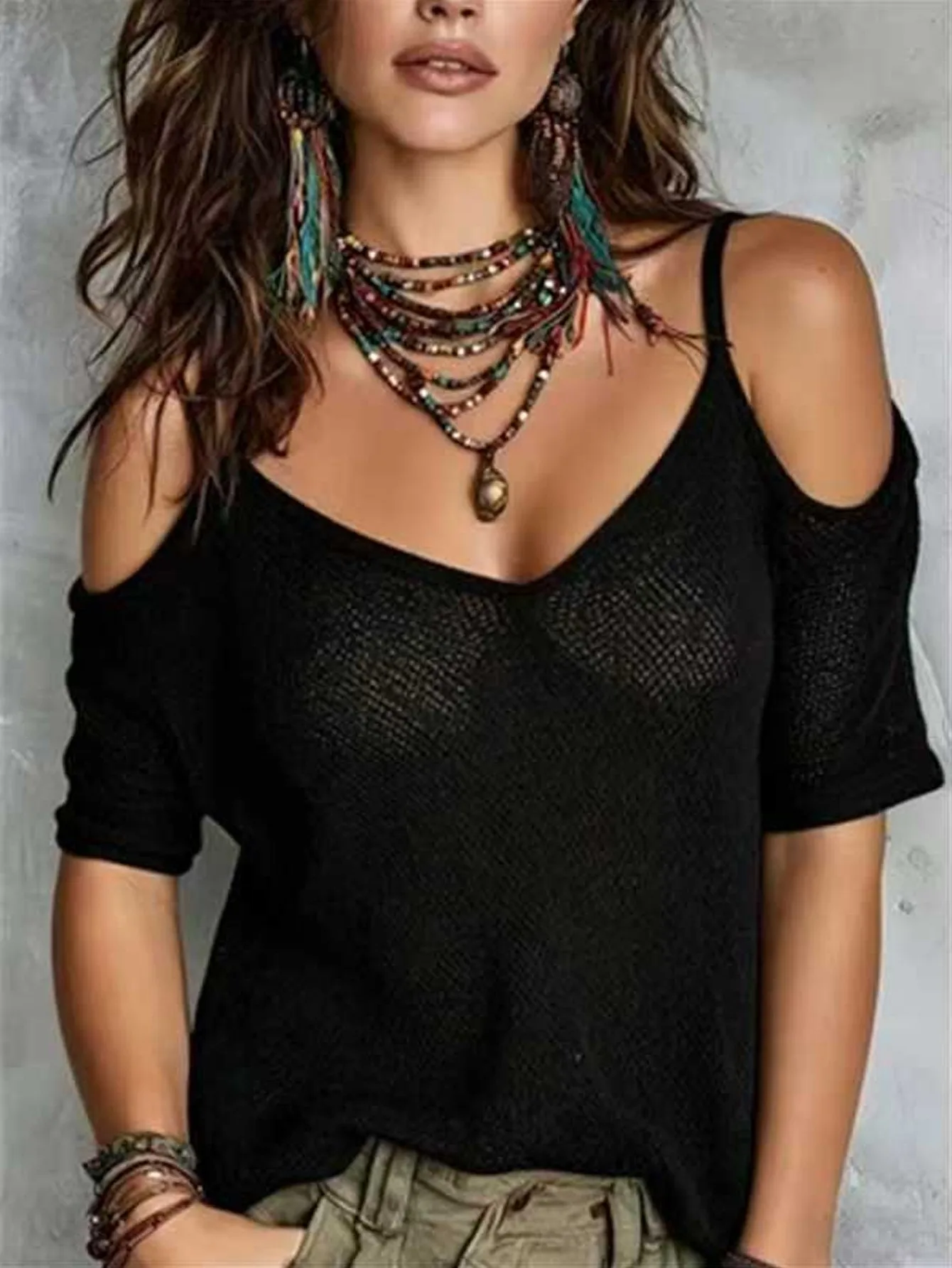 V Neck Single Top Regular Length Elegant Commuter with Summer Chain Detail Cap Sleeve Drop Shoulder Pullover Women T Shirts