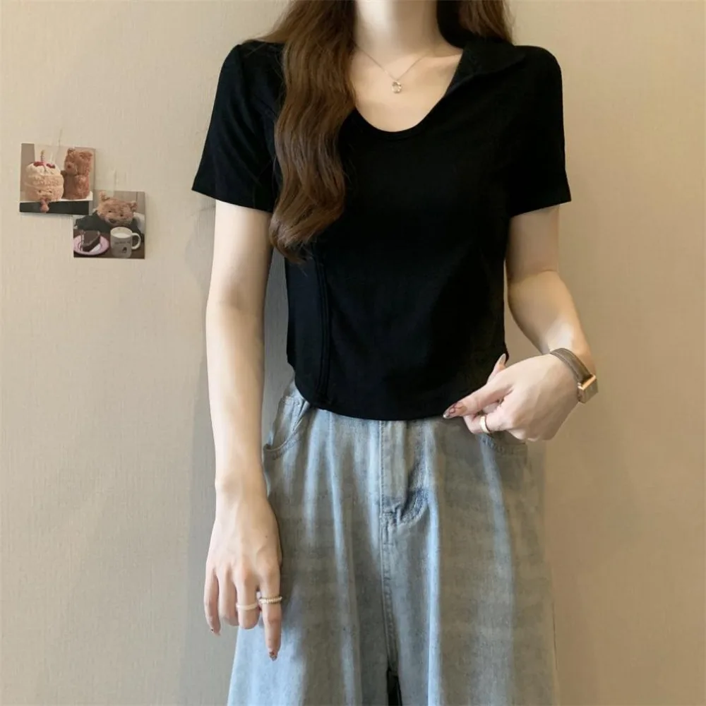 

Fashion V-neck Short Sleeve T Shirt Slim Fit All-match Y2k Crop Tops Women Pullover Fish Bone Polo Neck Blouses Female