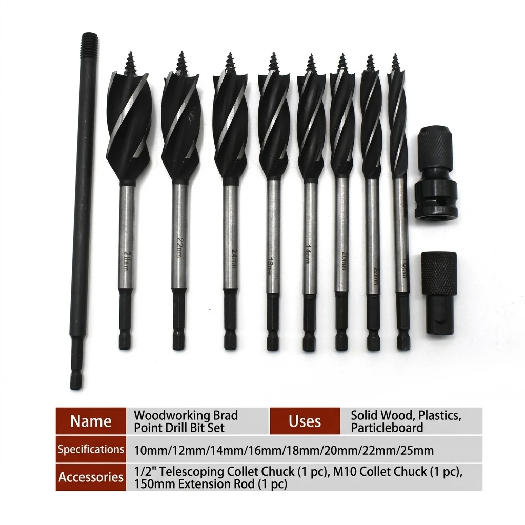 YGTITAN 8-Piece Woodworking Auger Drill Bit Set, 4-Flute 4-Edge, 25mm Dia, 80mm Depth, 1/4