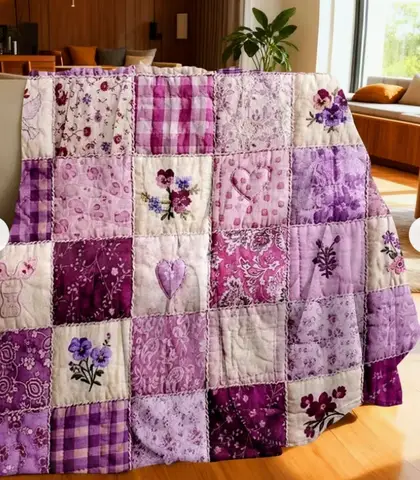 Purple Vintage Patchwork ArtFloral Checkered Dove Heart PatternHigh-Quality Single-Sided Printed Flannel Blanket