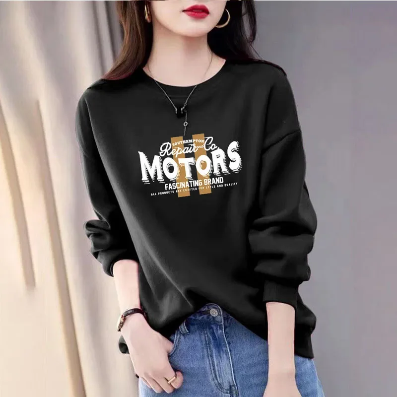 2023 Autumn and Winter Women's New Commuter Casual Loose Print Round Neck Long Sleeve Comfortable Versatile Pullover Tops