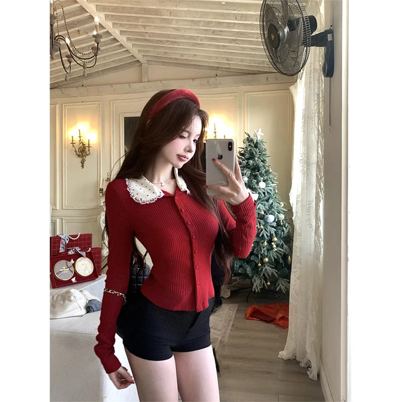 MEXZT Vintage Red Knitted Cardigan Women Christmas Cropped Polka Dots Sweater Outerwears Kawaii Knitwear Winter Korean Jumpers