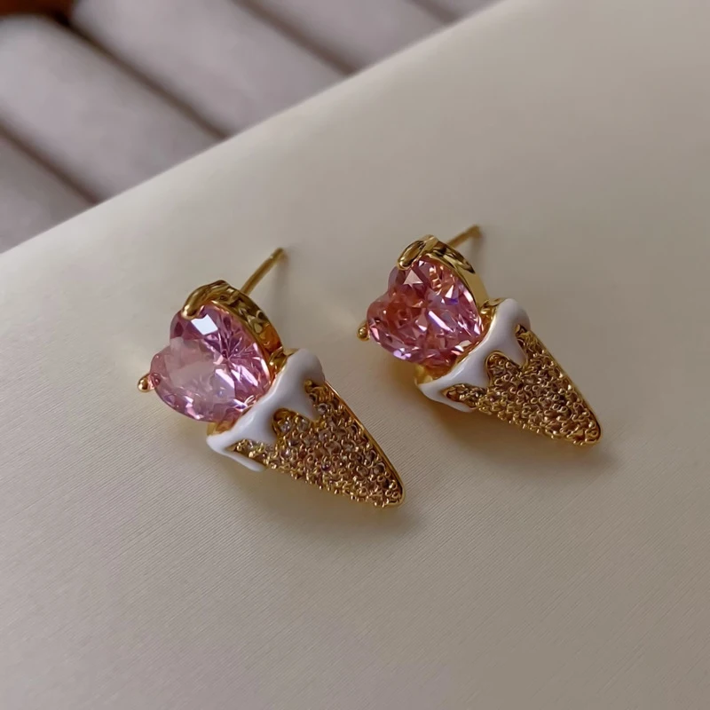 Creative fun pink love cone ice cream earrings sweet cute delicate ear accessory for women