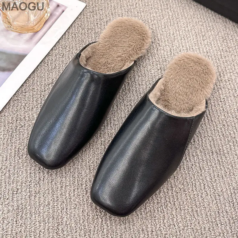 

Autumn Winter Women Fuzzy Mule Slippers Plush Lined Retro Slip on Flat Fur Slides Cozy House Shoes Indoor Outdoor Comfortble