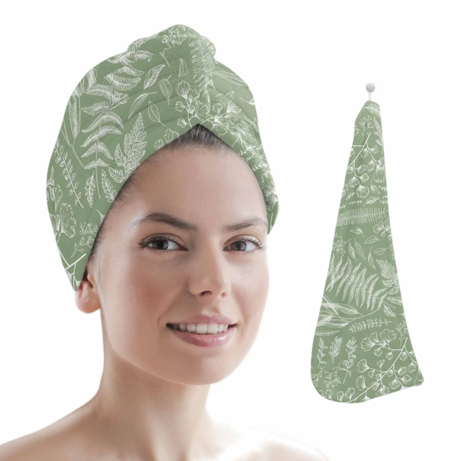 Sage Green Fern Plant Leaves Quick-dry Hair Towel Cap Girl's Hair Drying Hat Bath Hat Microfiber Towel Hair Dry Cap