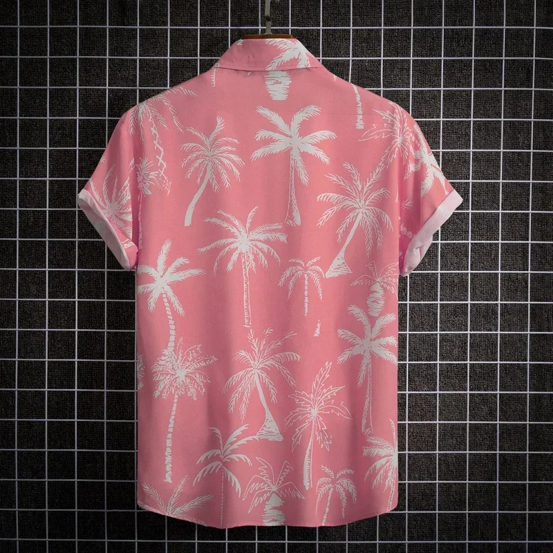 Camisa havaiana estampada rosa masculina de coco, manga curta, secagem rápida, camisa aloha tropical, casual festa de férias moda praia