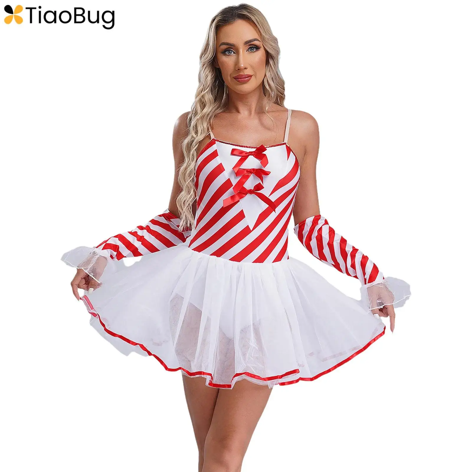 

Womens Christmas Candy Cane Cosplay Costume Ballet Dance Skating Tulle Tutu Dress with Gloves Xmas Party Santa Claus Outfits