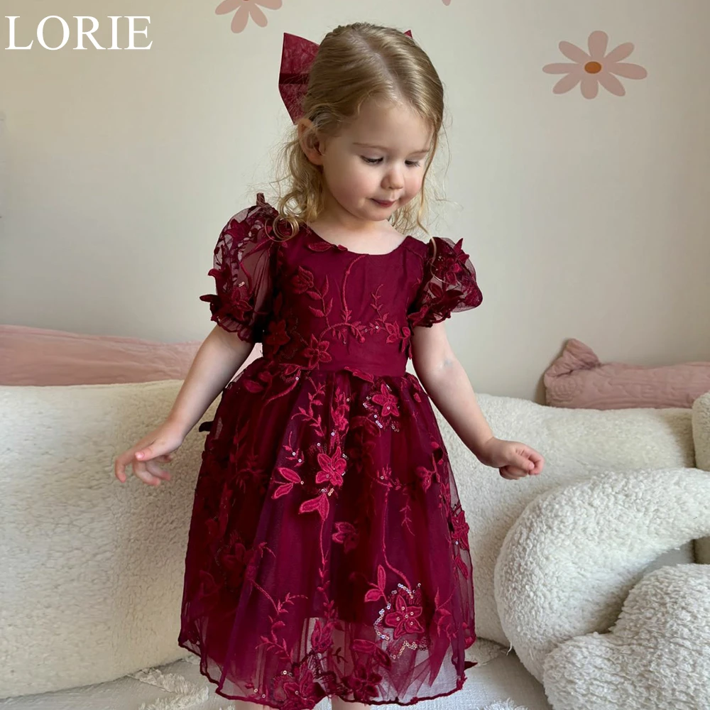 LORIE Burgundy Cute Tulle Flower Girl Dresses Bow A-Line Pleated Lace Appliques Puff Sleeves Girl Wedding Party Dress Customized