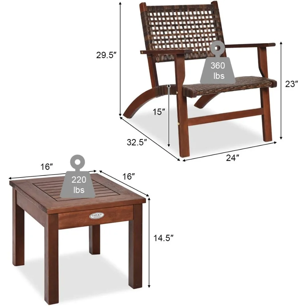 3 PCS Patio Conversation Set, Solid Eucalyptus Wood Frame Outdoor Wicker Furniture Set Bistro Set with Coffee Table,