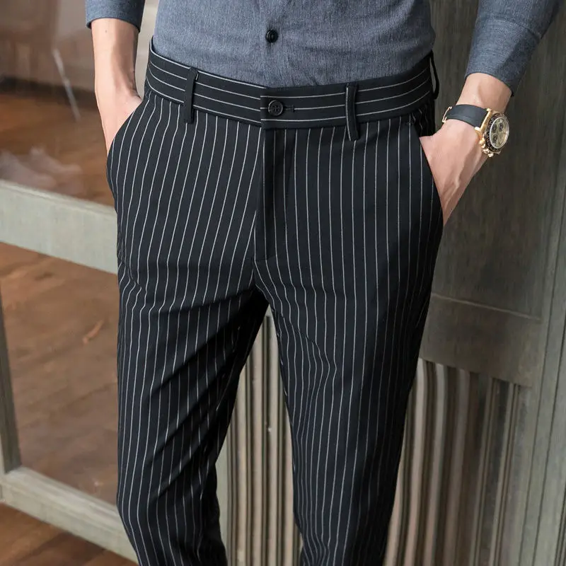 Korean Fashion Summer New Men\'s Ice Silk Striped Pockets Zipper Suit Pants Smart Casual Trend Slim Straight Ankle Length Pants