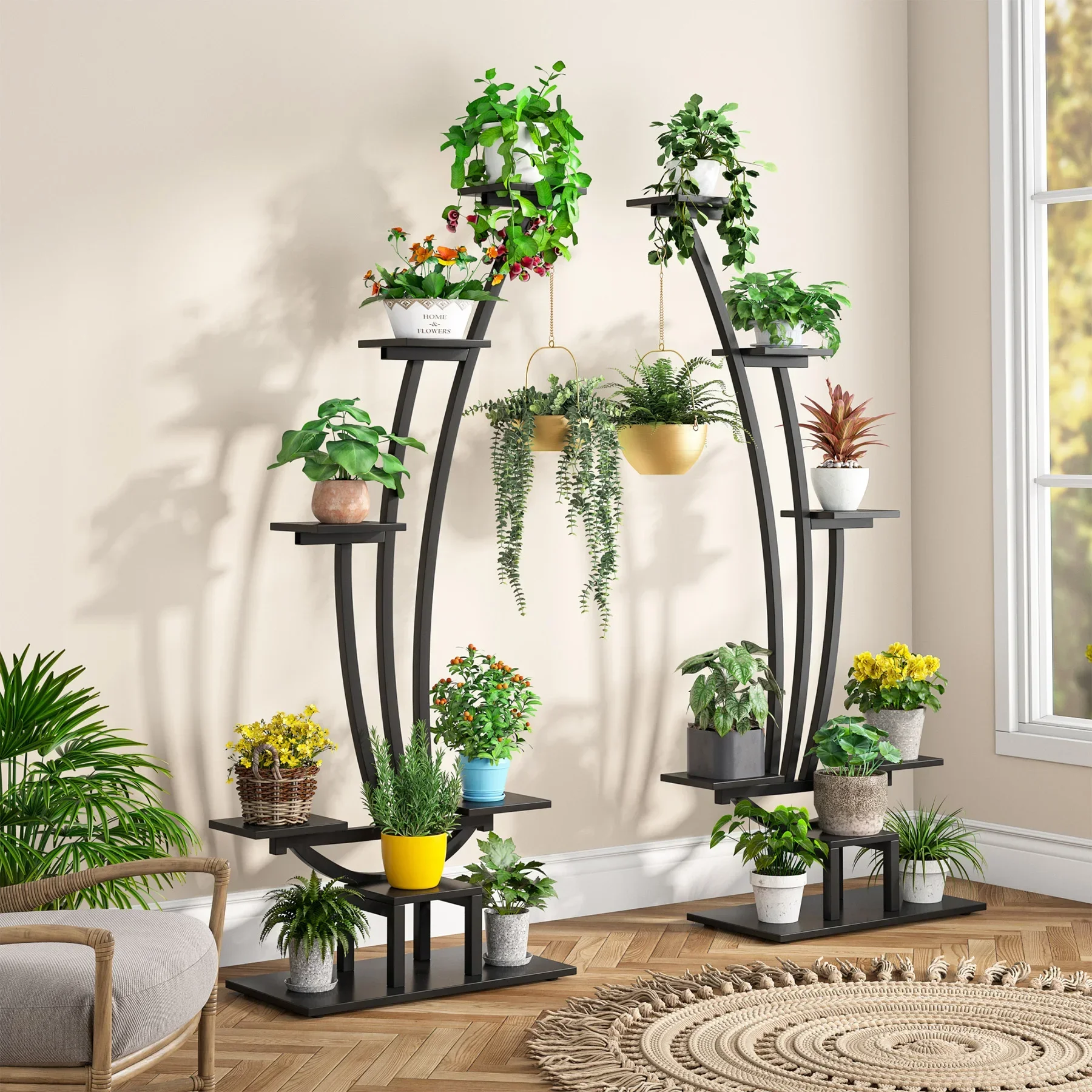 Tribesigns 6-Tier Tall Indoor Plant Stand Pack of 2, Metal Curved Display Shelf with 2 Hanging Hooks