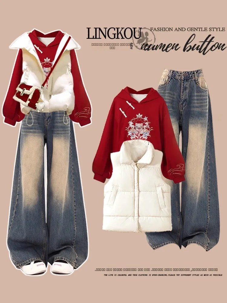 

Красный вязаный свитер, жилет, топ, свободный джинсовый комплект, женский комплект из футболки, весна-осень, большие размеры, высокое качество, новинка новогодняя мода