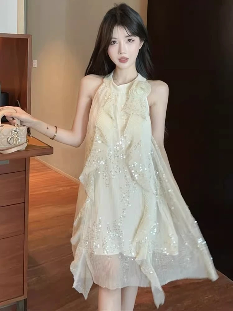 French Neck Dress 2026New Elegant 3D Flower Stitching Sequin Sleeveless A-Line Half Skirt Summer Sexy Off-Shoulder Dresses Women