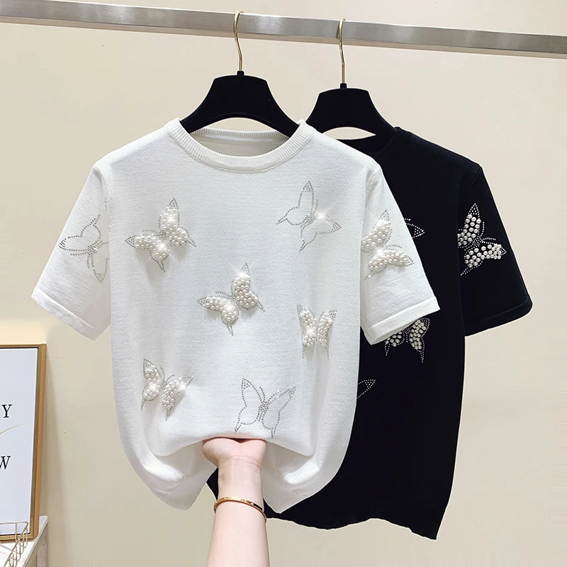 

Women's Butterfly Beading Knitted Top Korean Style Fashion Short-Sleeve Black White T-shirt Elegant Ladies Spring Summer Top