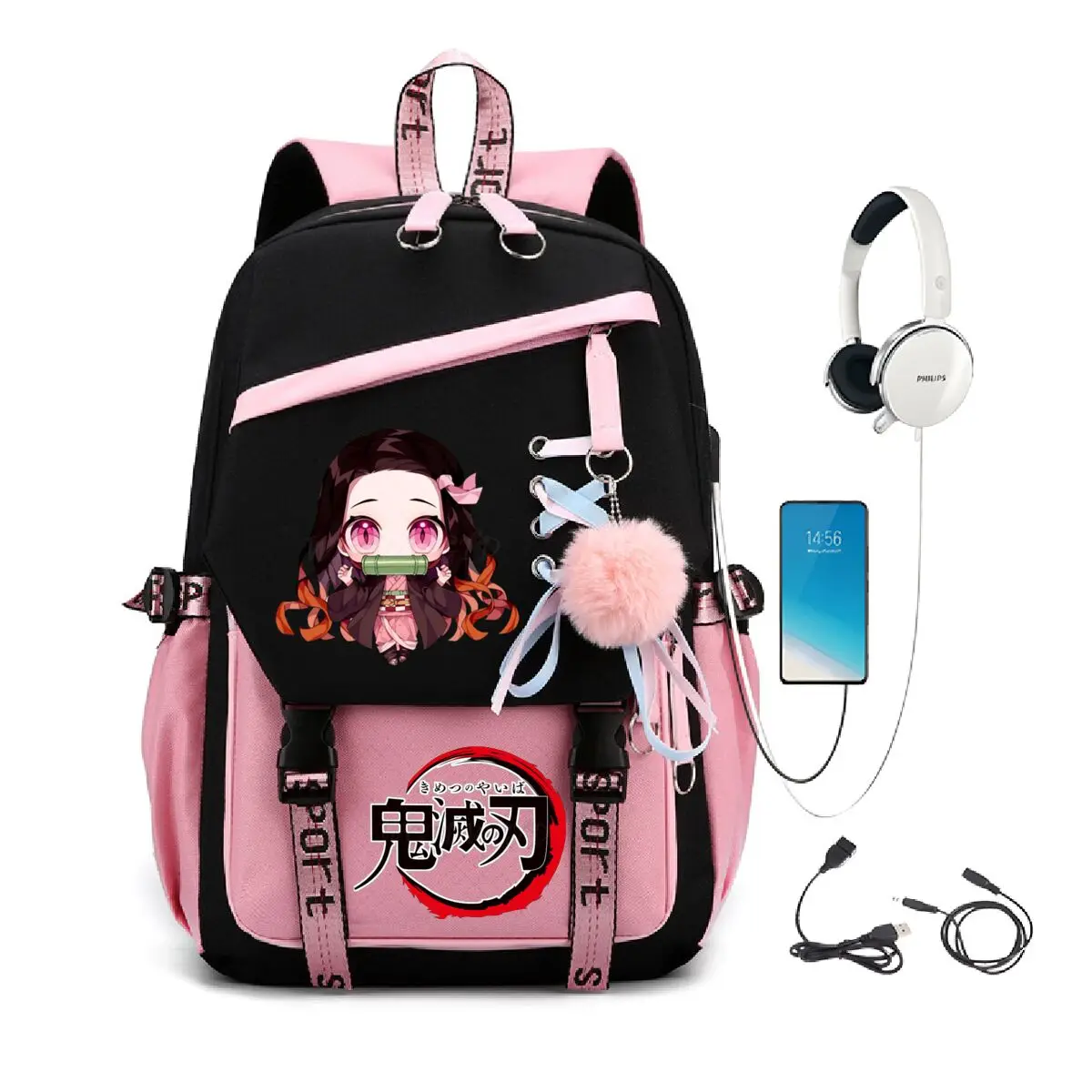 

Kamado Nezuko Anime Backpack USB Charging Bag Large Capacity Laptop Backpack Children Teeneger Schoolbags Books Bags Anime Gifts