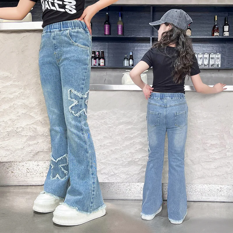 Teens Girl Pants Jeans Fashion Children Slim Denim Flared Jeans Embroidered Butterfly Design Sense Kids Trousers Girl Long Pants