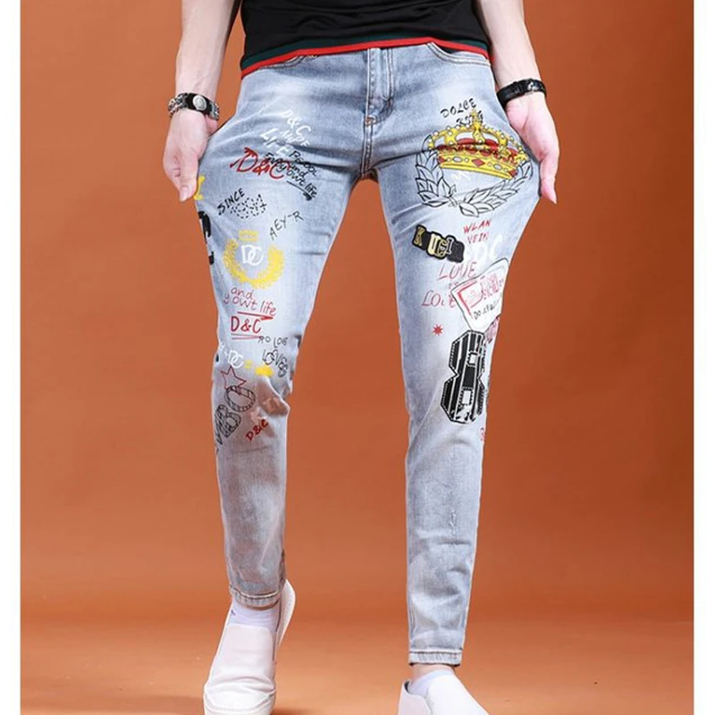 Spring Autumn Luxury Men's Clothing Skinny Washing Jeans with Letter Crown Printed Decoration Slim Fit Streetwear Man Trousers