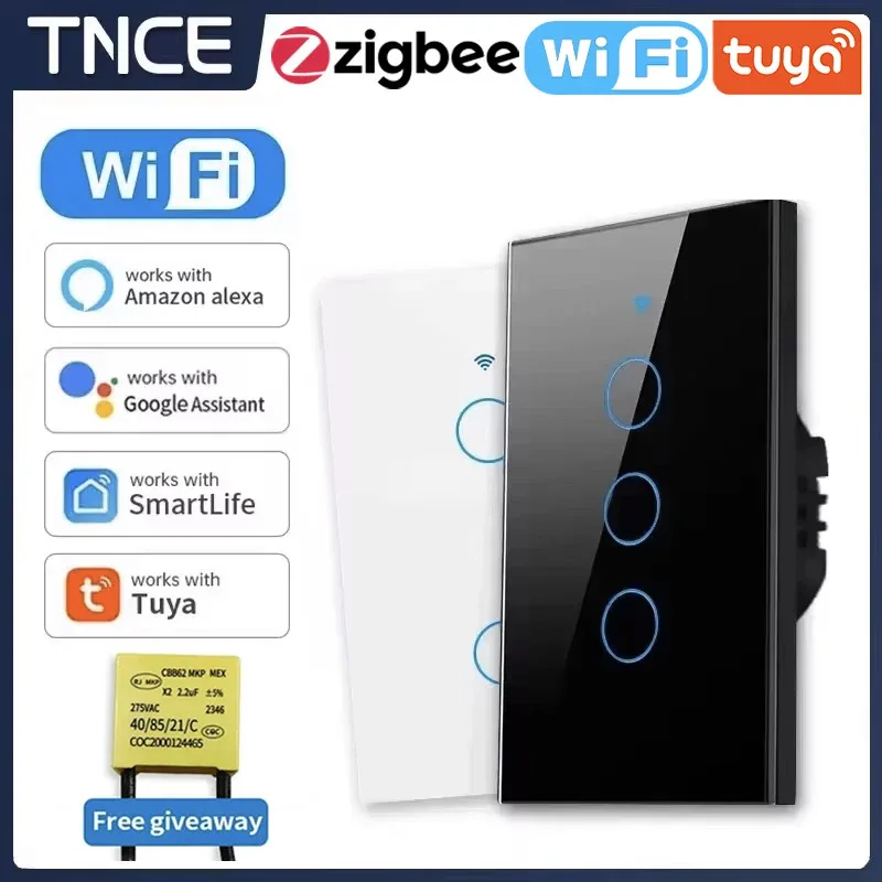 Tuya US WiFi or zigbee Smart Wall Switch 1/2/3/4 Gang Wire Touch Sensor LED Light Switches Smart Home Alexa Google Home