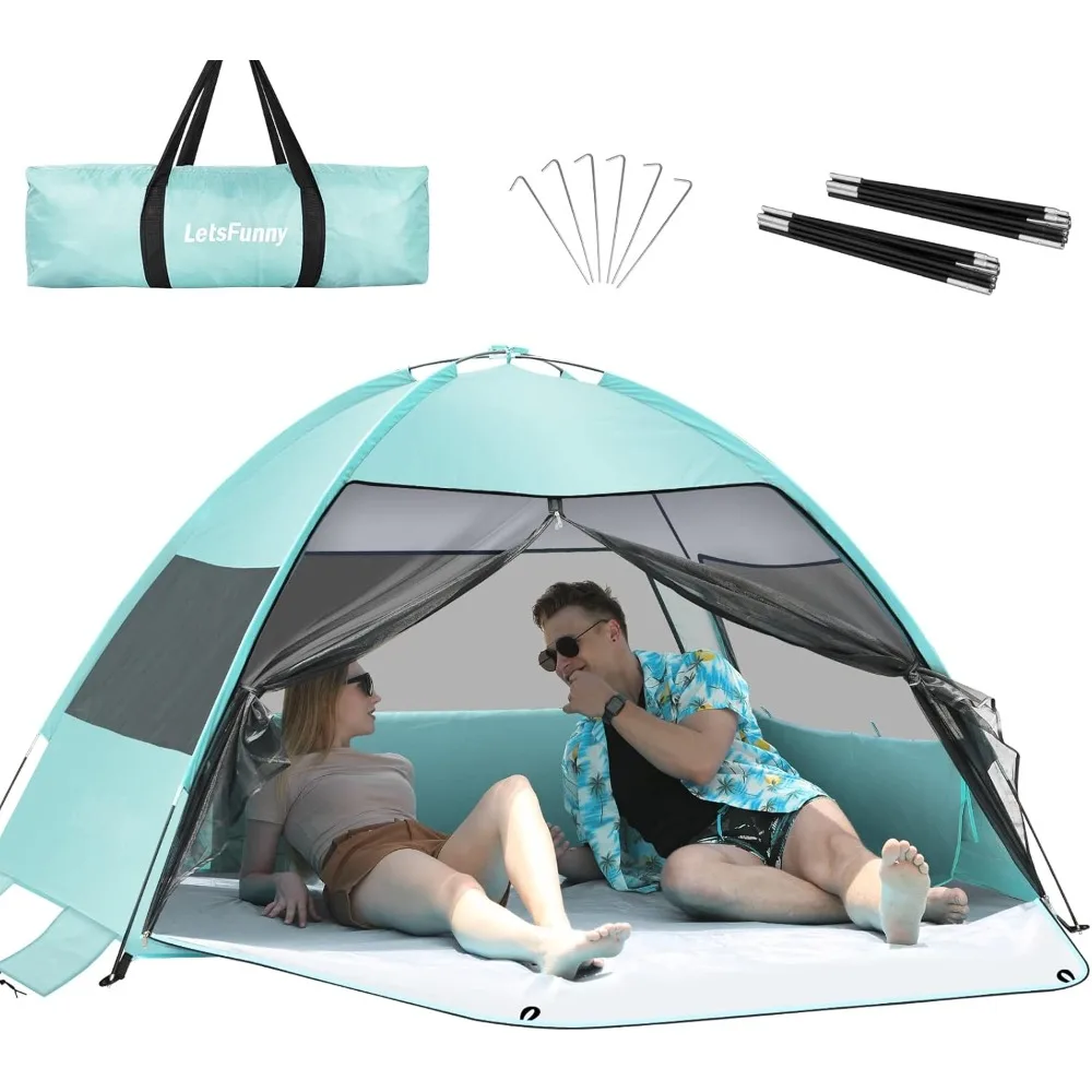 Anti-UV Beach Shade Beach Canopy Tent Sun Shade with Extended Floor 3 Mesh Roll Up Windows Fits 3-4 Person,Portable Shade Tent