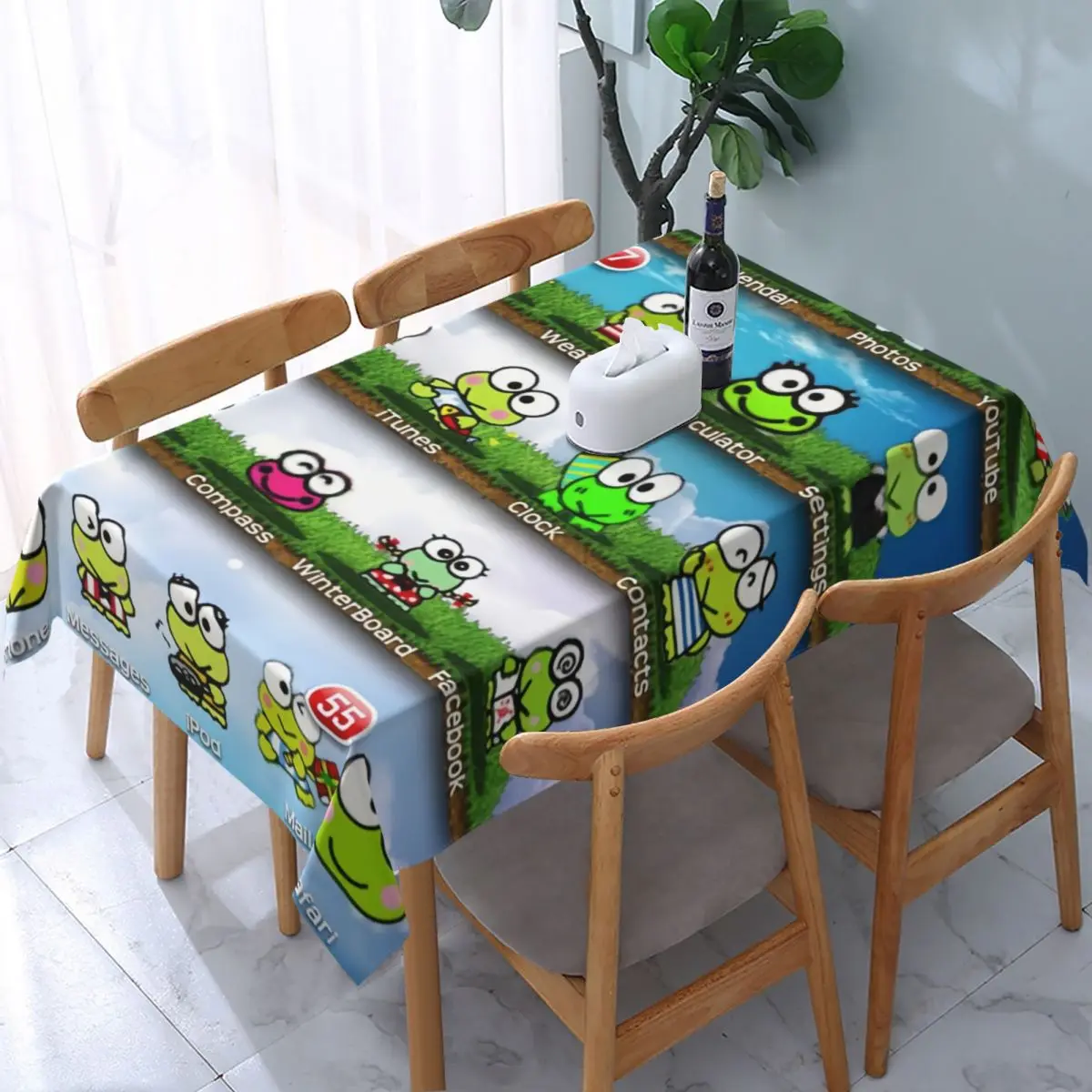 Rectangular Waterproof Oil-Proof Disney Cartoon Kero Kero Keroppi Sanrio Anime Tablecloth Backed Table Cover Fit Table Cloth