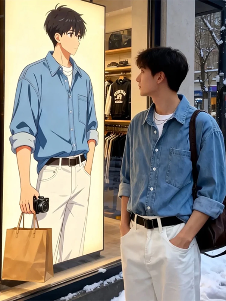 

Cleanfit Blue Denim irt Men's Long Sve Collared Workwear Jaet Korean Sle Autumn Winter High End Feeling Jeans Cloth