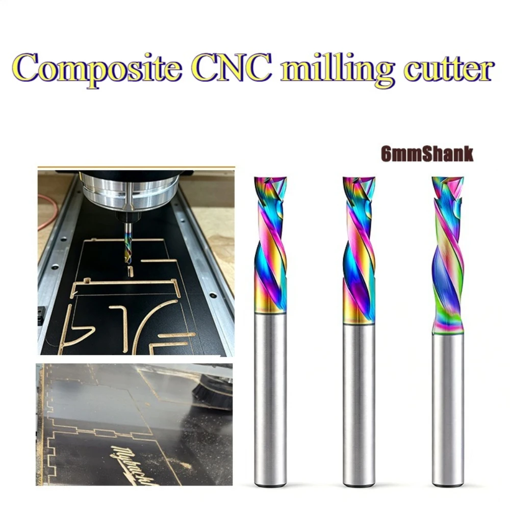 Compression Spiral CNC Milling Contour Cutter 6mm Shank Color Coated Carbide Router Bit for Wood Panel Cutting Engraving