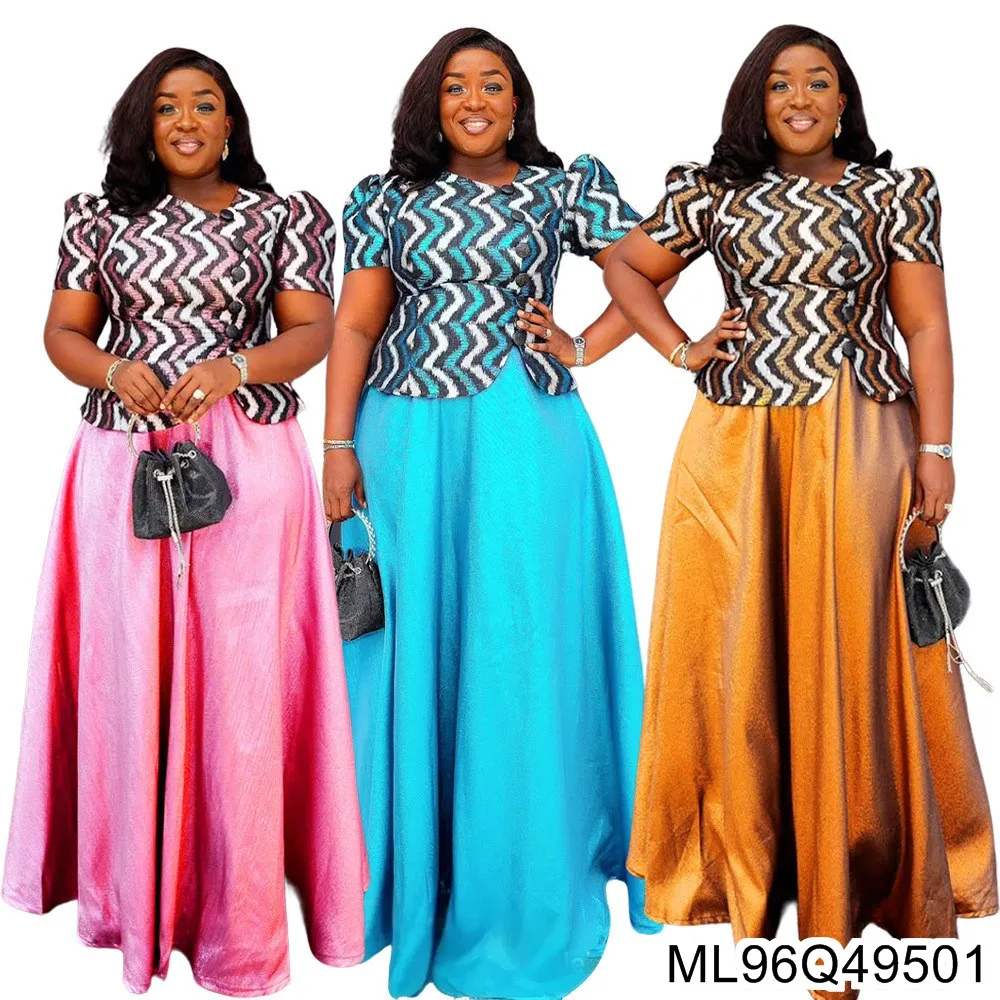 2025 Nuova gonna taglie forti + abito t-shirt Abito da donna africano Abito in due pezzi con stampa in raso di cristallo S10802ML96Q495