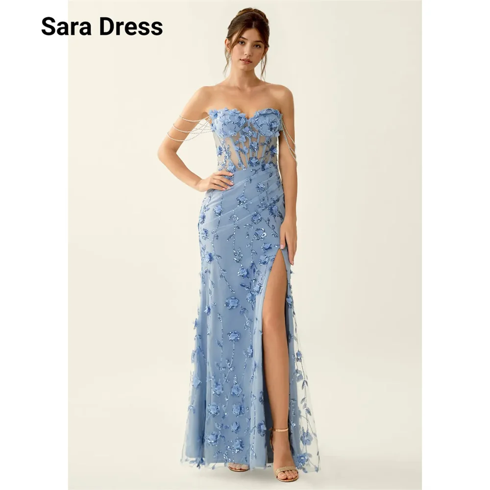 

Sara Custom Blue 3D Flower Side Slit Ankle Length Luxurious Evening Dresses for Events Prom Dresses 2026 Luxury Prom Dress Party