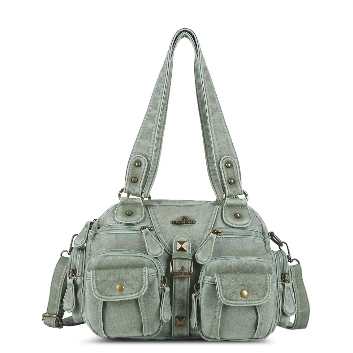 Angel Kiss Retro Wash Leather Women Handbag Multi Pocket Utility Shoulder Bags Removable Strap Female Casual Crossbody Purse