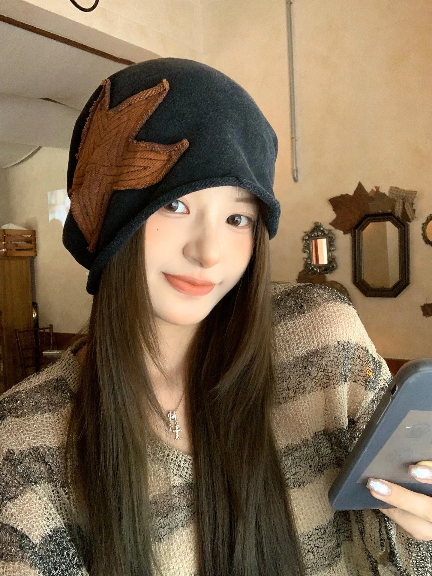 Retro Korean Style Star Embroidered Lazy Cold Cap Casual Versatile Women's Early Autumn New Style Foldable round Top Hat