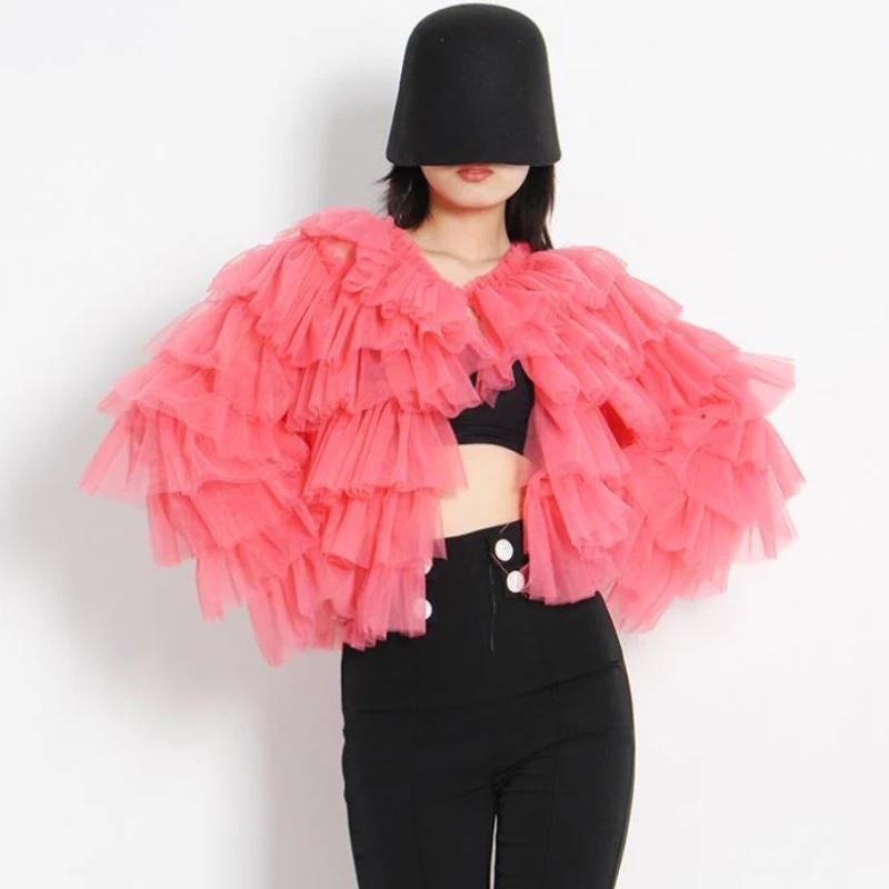 Chic Perspective Mesh Stitching Ruffles Pleated Cake Shirts Long Flare Sleeve Gauze Lotus Multi-Layers Blouses Cardigan Tops