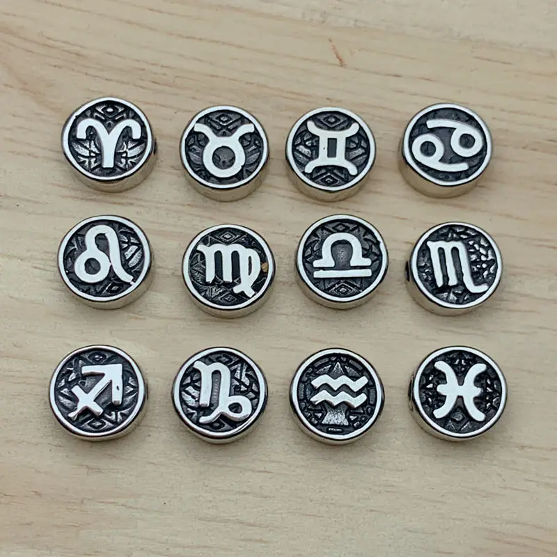 12Pcs/Set Retro Stainless Steel Twelve Constellations Zodiac Beads Charms For Jewelry Making Necklace Bracelet Accessories 10mm