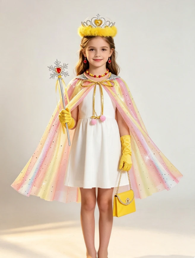 Kids Sparkly Flowy Cute Elegant Lightweight Cloak With Accessories 3 Colors Options For Birthday Halloween Party And Daily Wear