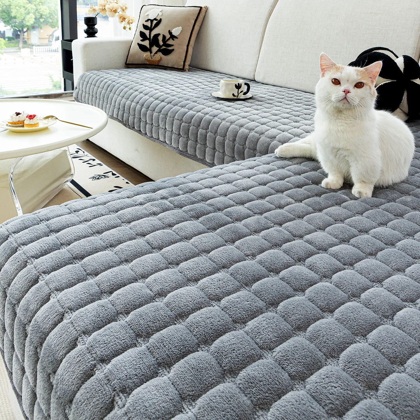 Thick Flannel Sofa Cushion Warm Non-Slip Plush Seat Pads Dust-Proof Living Room General Solid Color Sofa Covers Back Towel