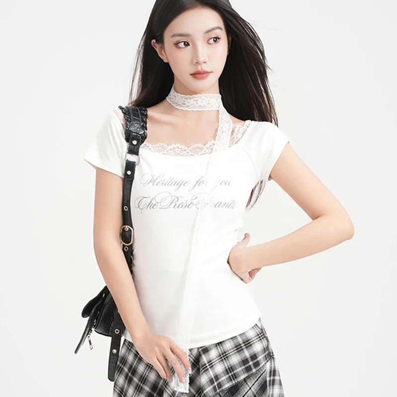 

Корейская футболка с коротким рукавом и буквенным принтом, женская шикарная футболка Y2K, женская модная кружевная лента с открытыми плечами, женская футболка