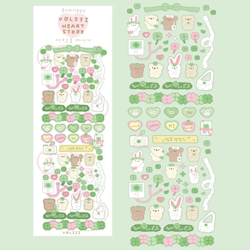 Pegatinas coreanas Kawaii de oso y conejo con borde plateado, pegatinas de juguetes clásicos DIY, decoración para niños, papelería de trébol de la suerte