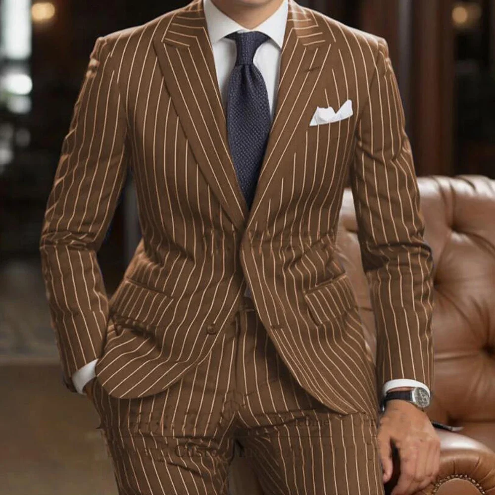 

Classic Business Brown Striped Suits Men Single Breasted Jacket Pants 2 Pieces Groom Tuxedo Customized Man Dinner Party Clothing