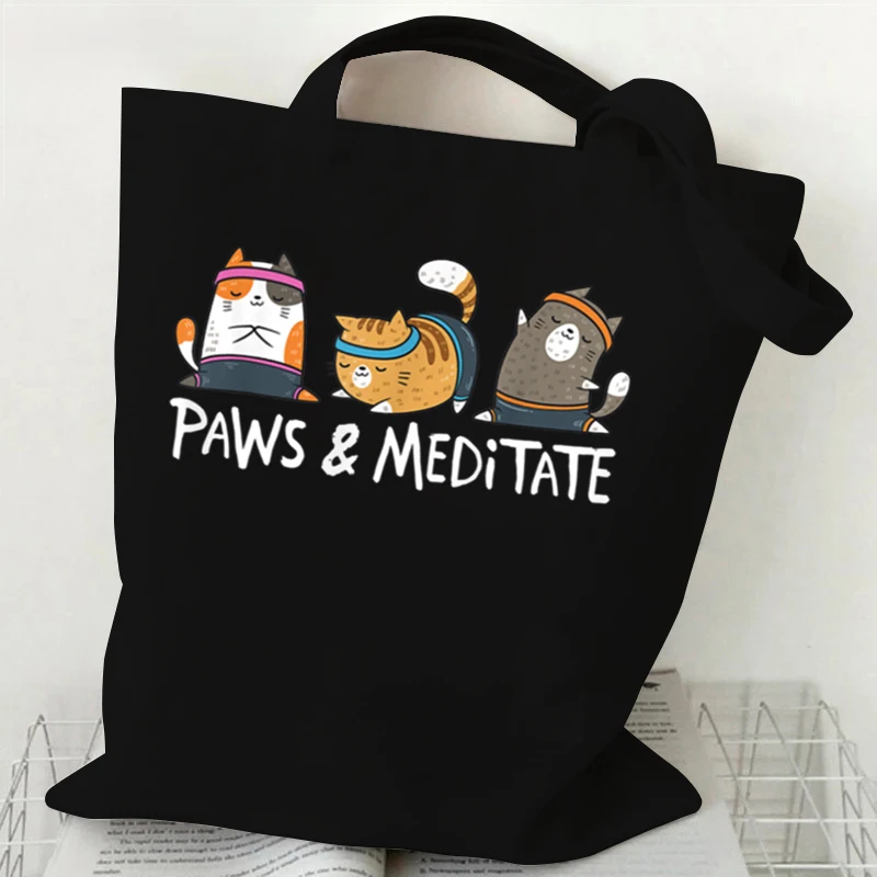 Women Tote Bags Yoga Cat PAWS & MEDITATE Print Canvas Shopping Bag Yoga Lover Design Canvas Shopping Bag Folding Women Handbags