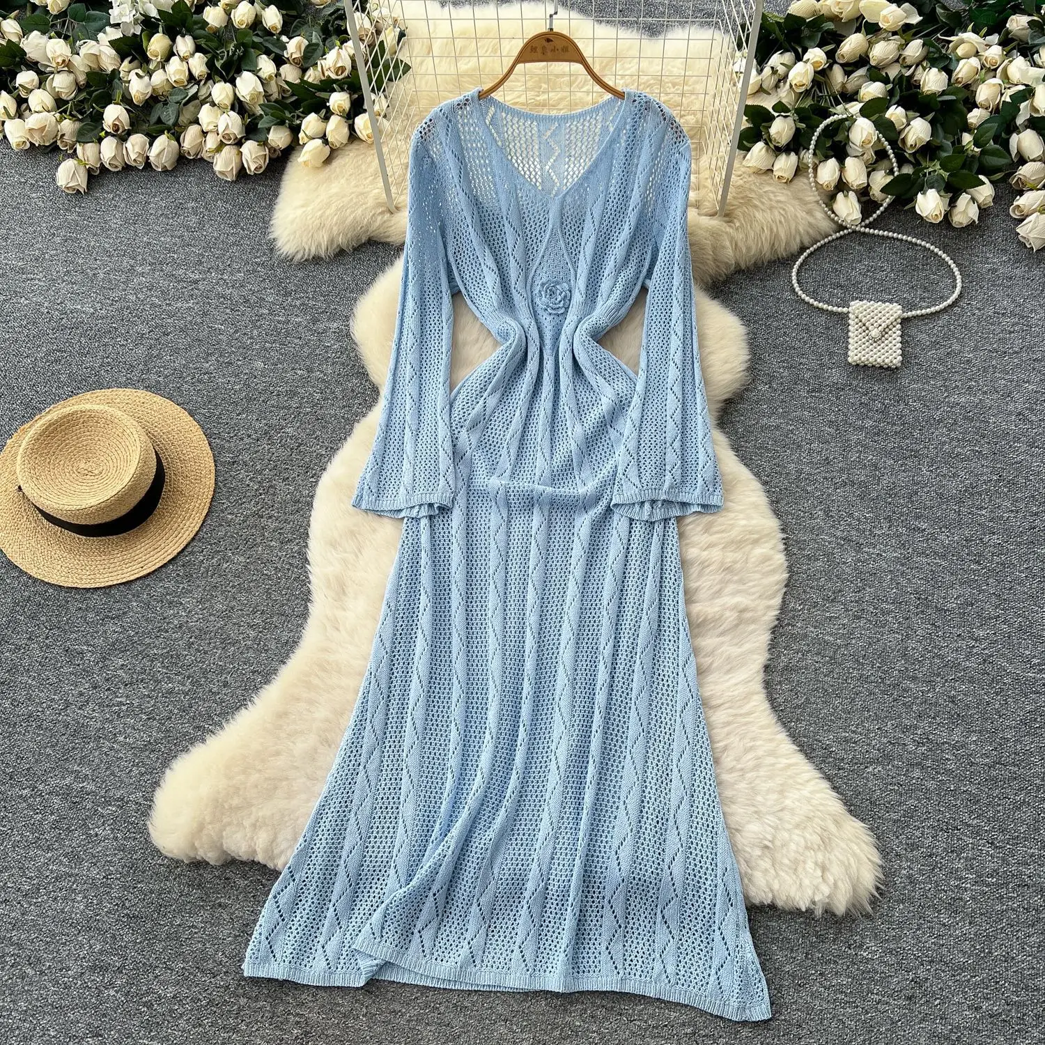 

Long Dress Women Knit Dresses A Line Vestidos Hollow Out Streetwear V Neck Full Sleeve Elegant Splice Y2k Work Summer 2025